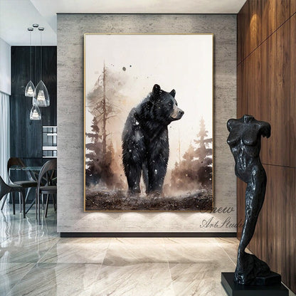Large Abstract Black Bear Canvas Wall Art, Original Hand-painted Bear Oil Painting on Canvas, Modern Animal Painting for Living Room Bedroom