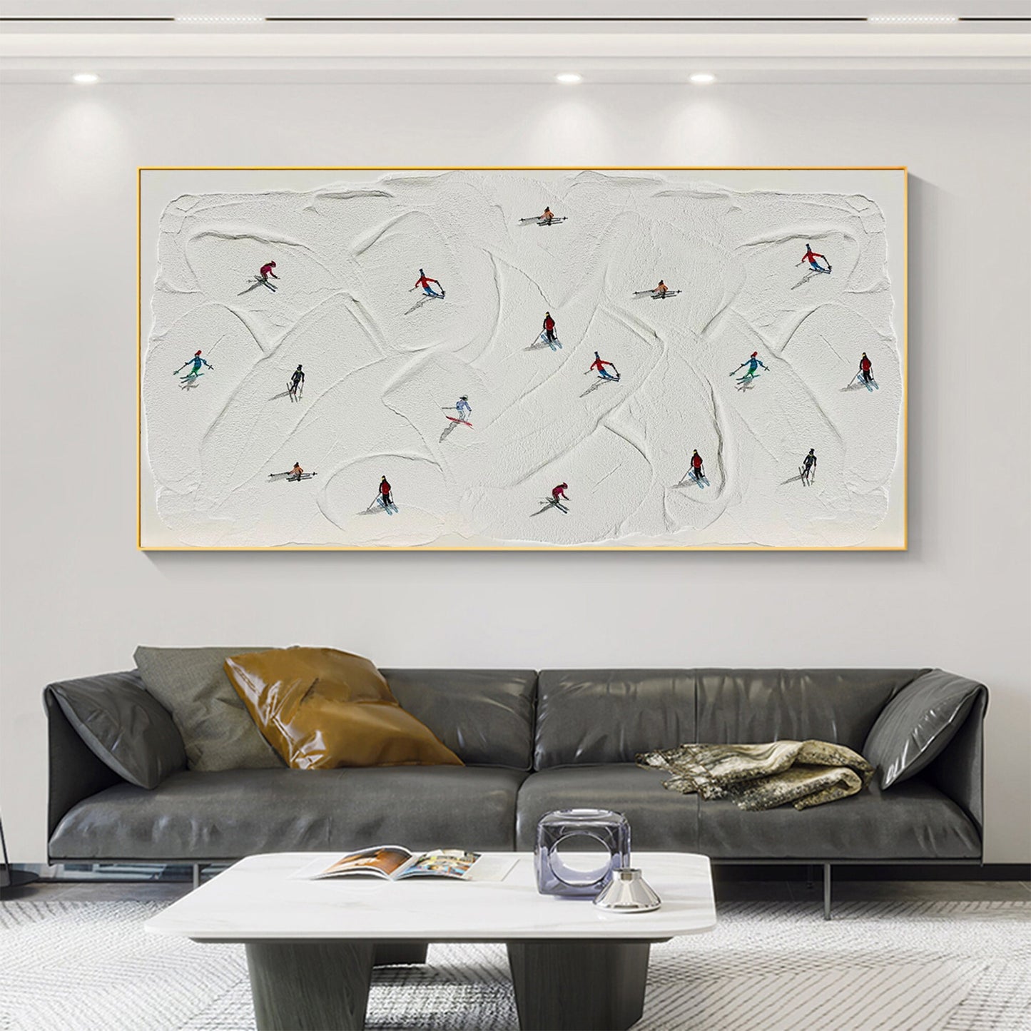 White Abstract Mountain Wall Art – Original Skiing Painting on Canvas
