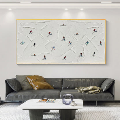 White Abstract Mountain Wall Art – Original Skiing Painting on Canvas