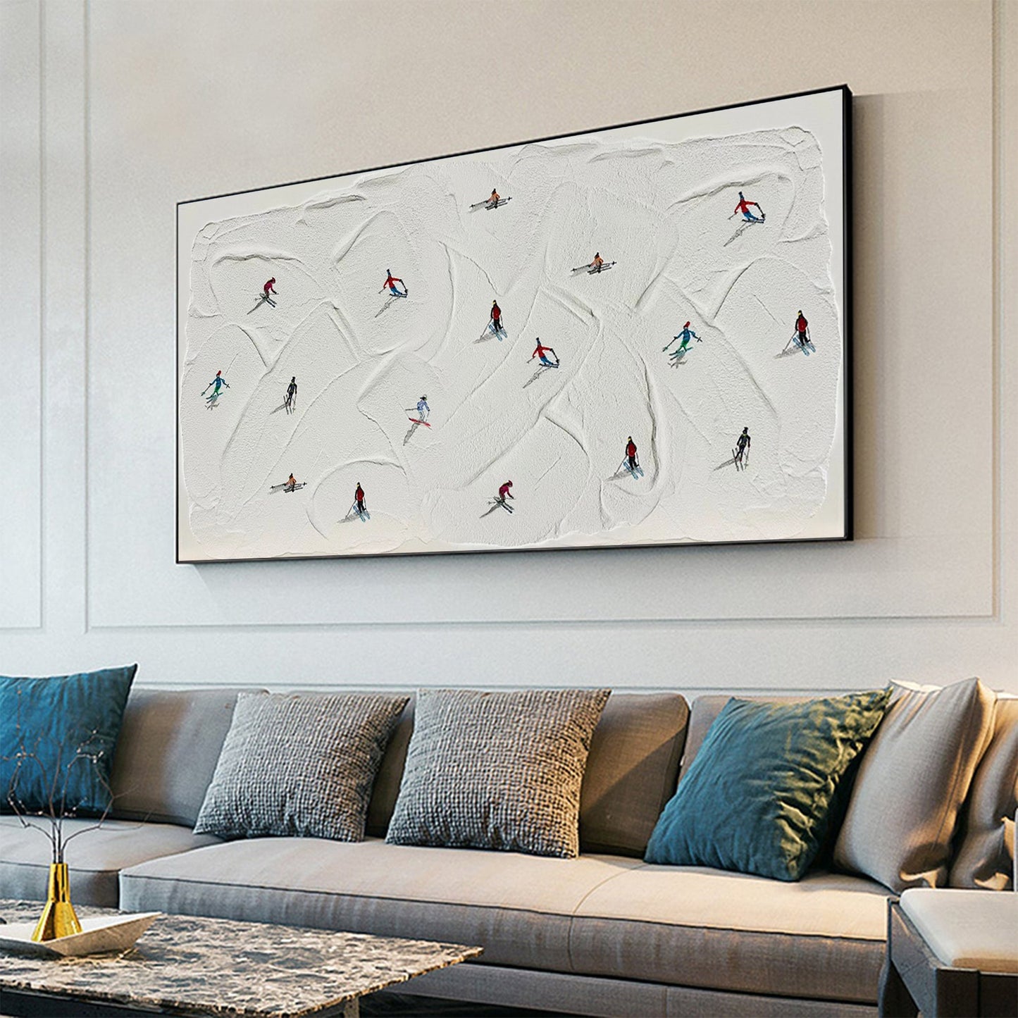 White Abstract Mountain Wall Art – Original Skiing Painting on Canvas