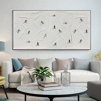 White Abstract Mountain Wall Art – Original Skiing Painting on Canvas