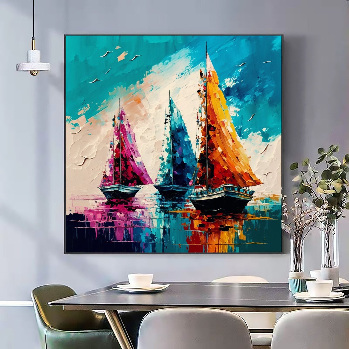 Original – Colorful Sailboat Seascape Wall Art | Abstract Hand-Painted Oil Painting, view 3
