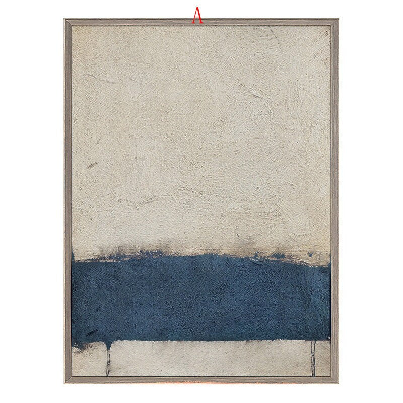 May include: Abstract painting in a wooden frame. The painting features a textured off-white background with a thick band of dark blue paint across the bottom.