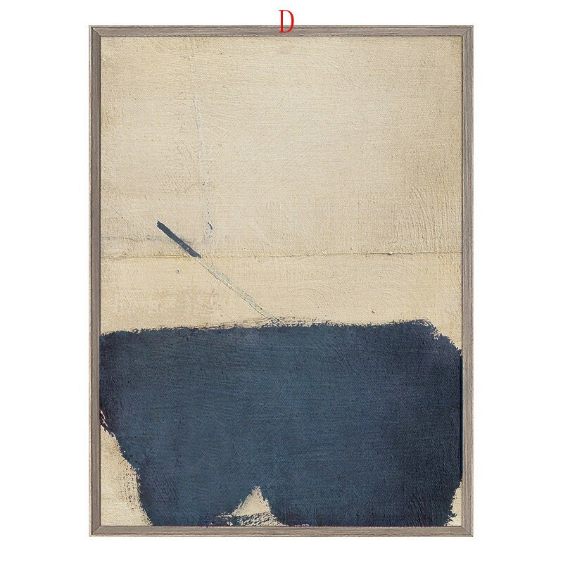 May include: Abstract painting with a dark blue shape at the bottom and a thin, dark blue line extending diagonally across a light beige background.