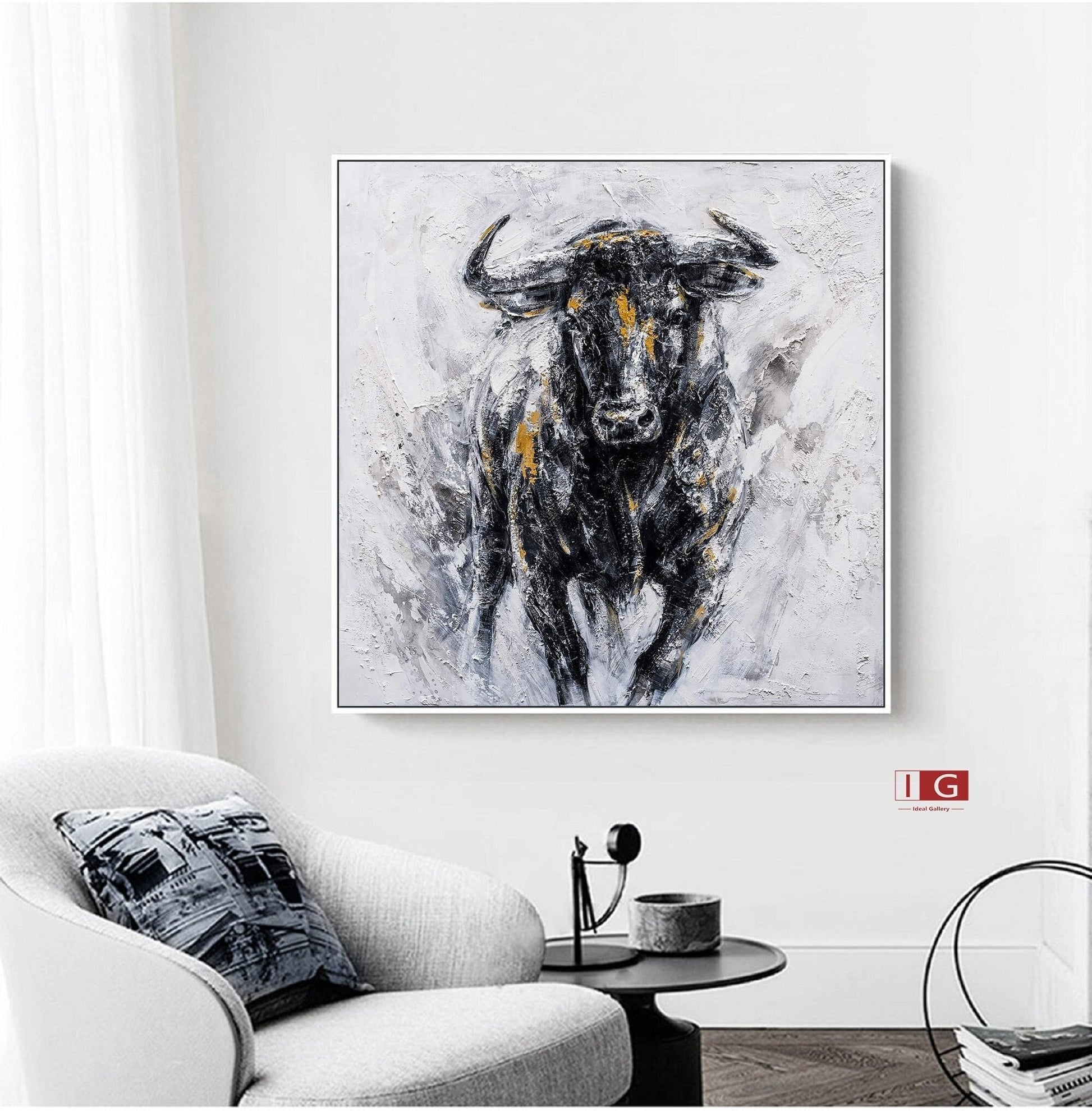 Abstract Bull Painting on Canvas – Black & Gold Textured Wall Art – Abstract Painting