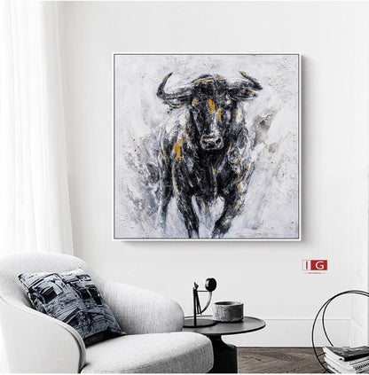 Abstract Bull Painting on Canvas – Black & Gold Textured Wall Art – Abstract Painting