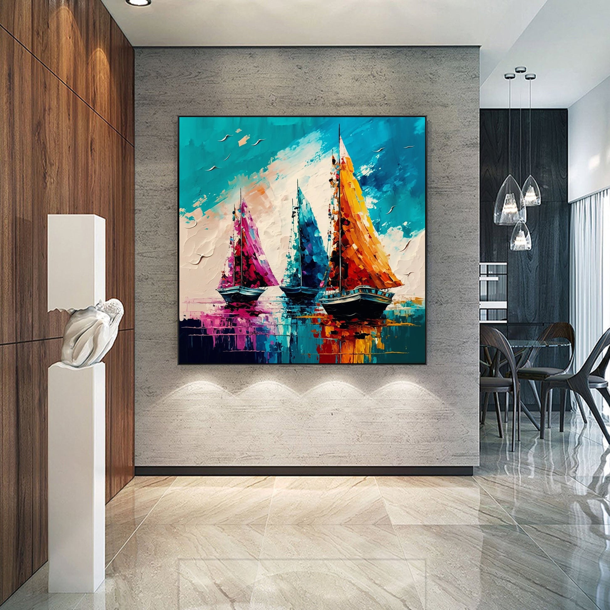 Original – Colorful Sailboat Seascape Wall Art | Abstract Hand-Painted Oil Painting, view 5