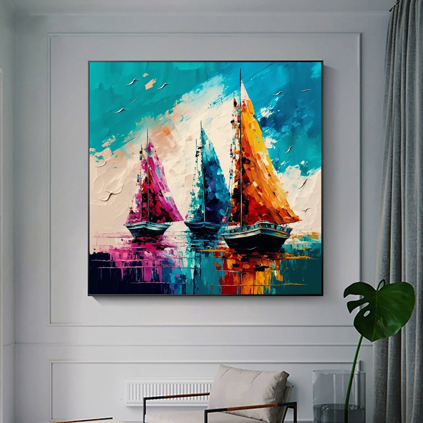 Original – Colorful Sailboat Seascape Wall Art | Abstract Hand-Painted Oil Painting, view 1