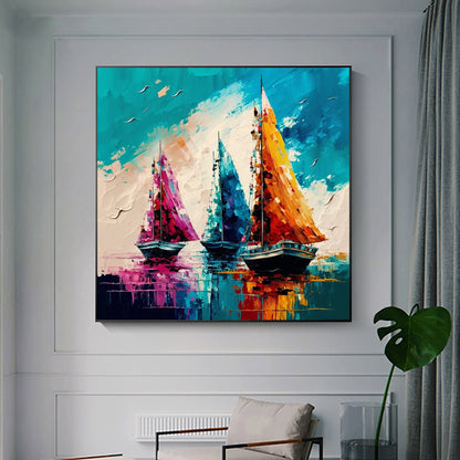 Original – Colorful Sailboat Seascape Wall Art | Abstract Hand-Painted Oil Painting, view 1