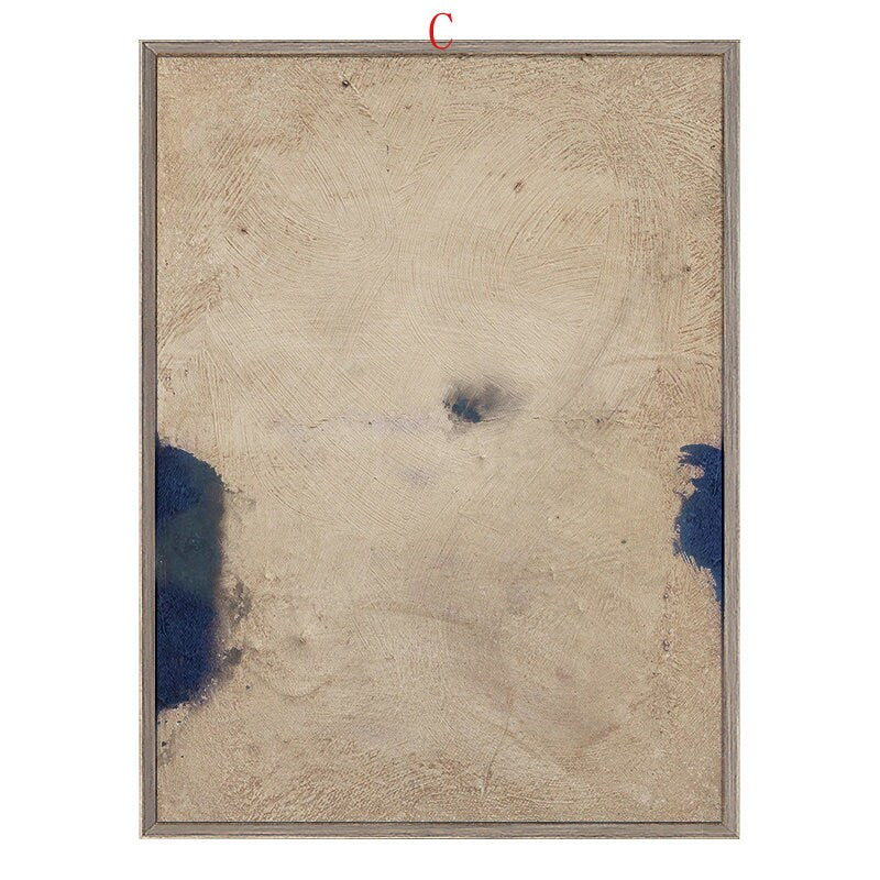 May include: Abstract painting with a beige background and blue brushstrokes. The painting is framed in a light wood frame.