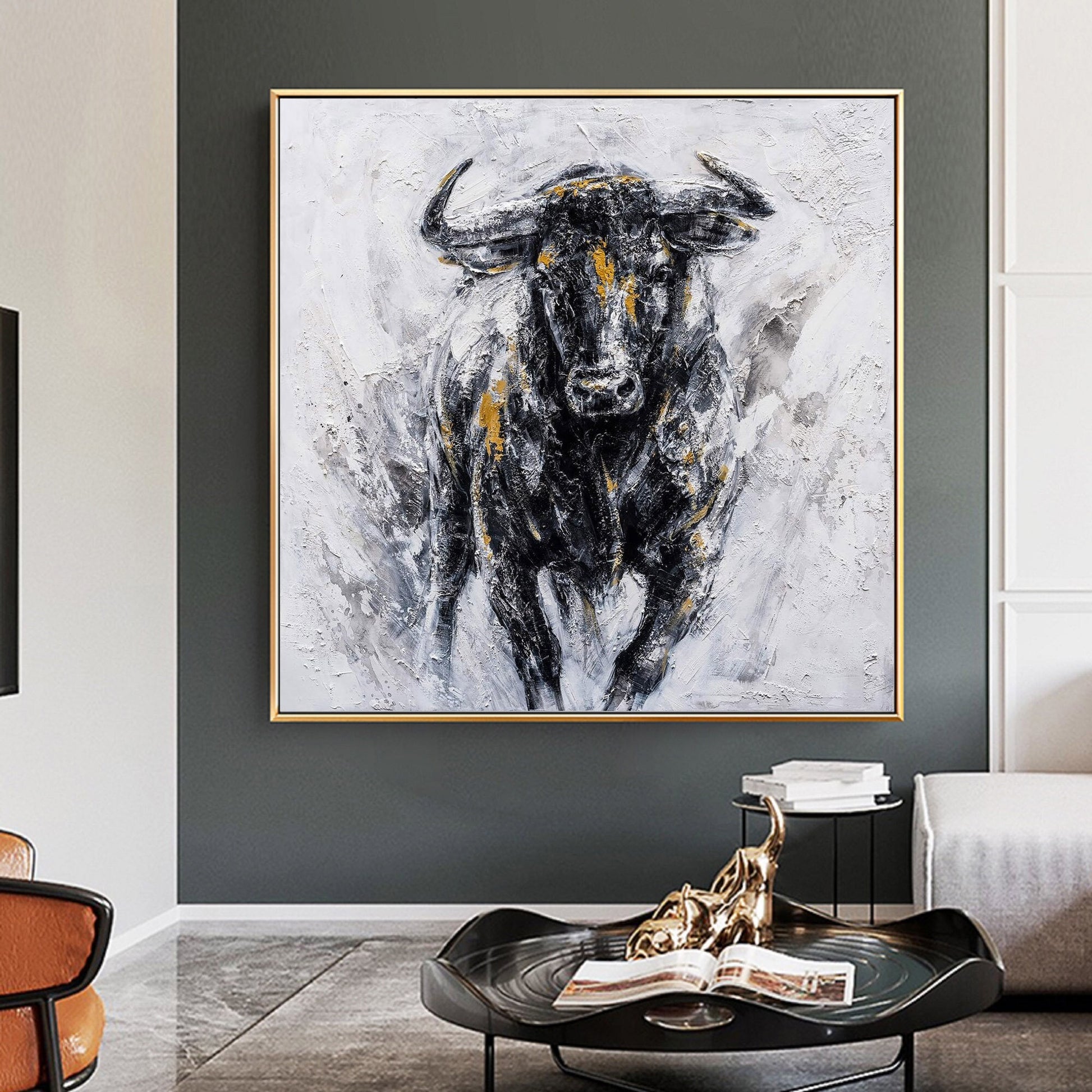 Abstract Bull Canvas Wall Art – Large Texture Animal Painting – Abstract Animal Art