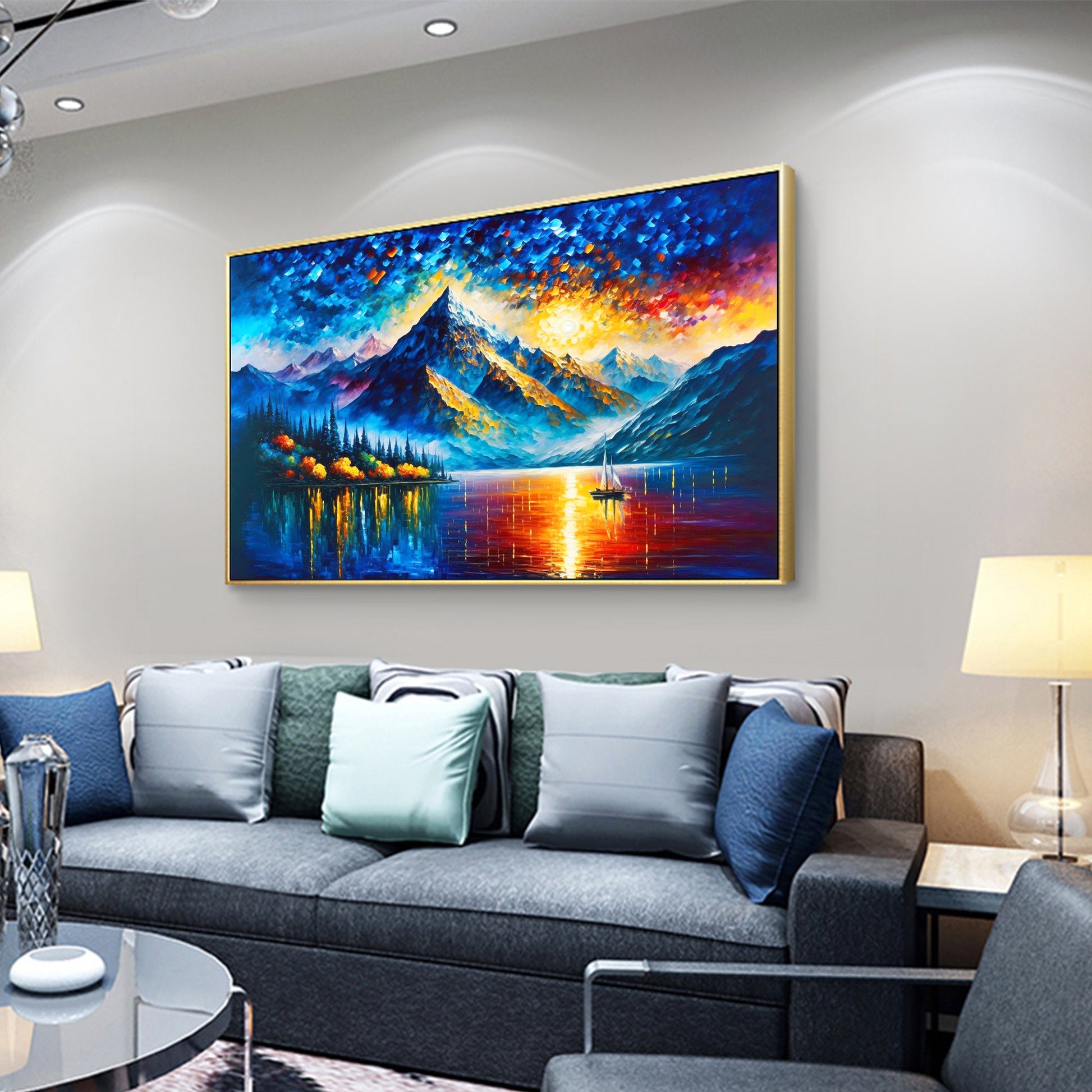 Large Mountain Lake – Colorful Lake Landscape Wall Art | Abstract Oil Painting, view 2