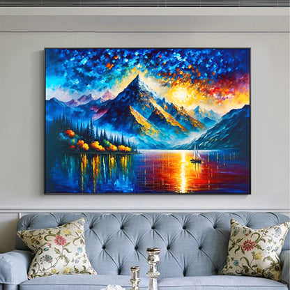 Colorful Abstract Mountain Lake Oil Painting – Landscape Wall Art
