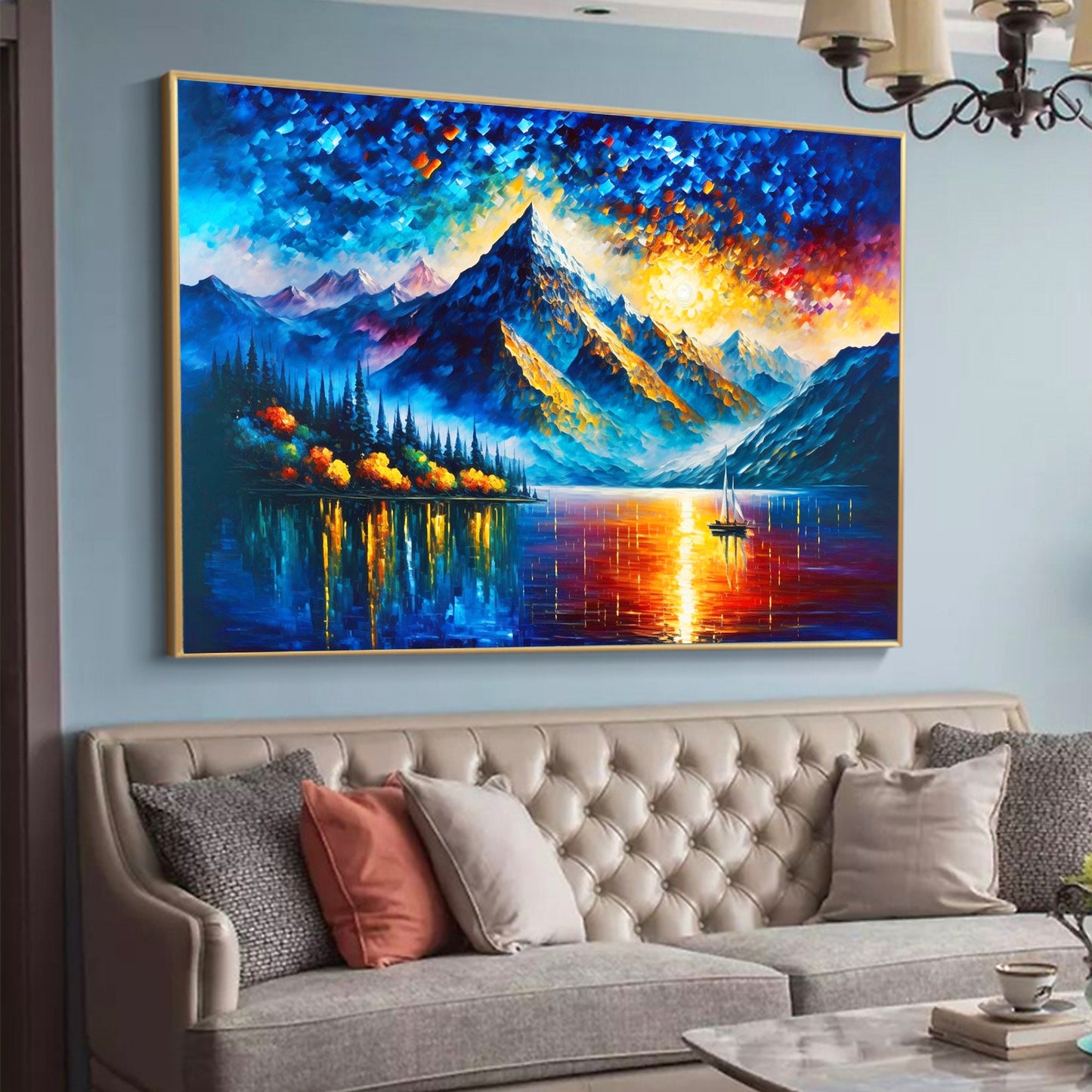 Colorful Abstract Mountain Lake Oil Painting – Landscape Wall Art