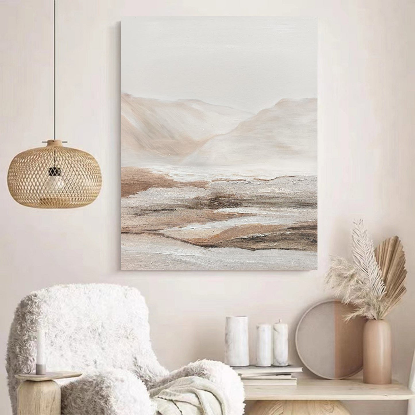 Beige Abstract Canvas Painting – Minimalist Landscape Wall Art – Abstract Painting
