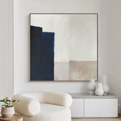 Minimalist Navy Blue Abstract Painting – Beige and Cream Geometric Wall Art