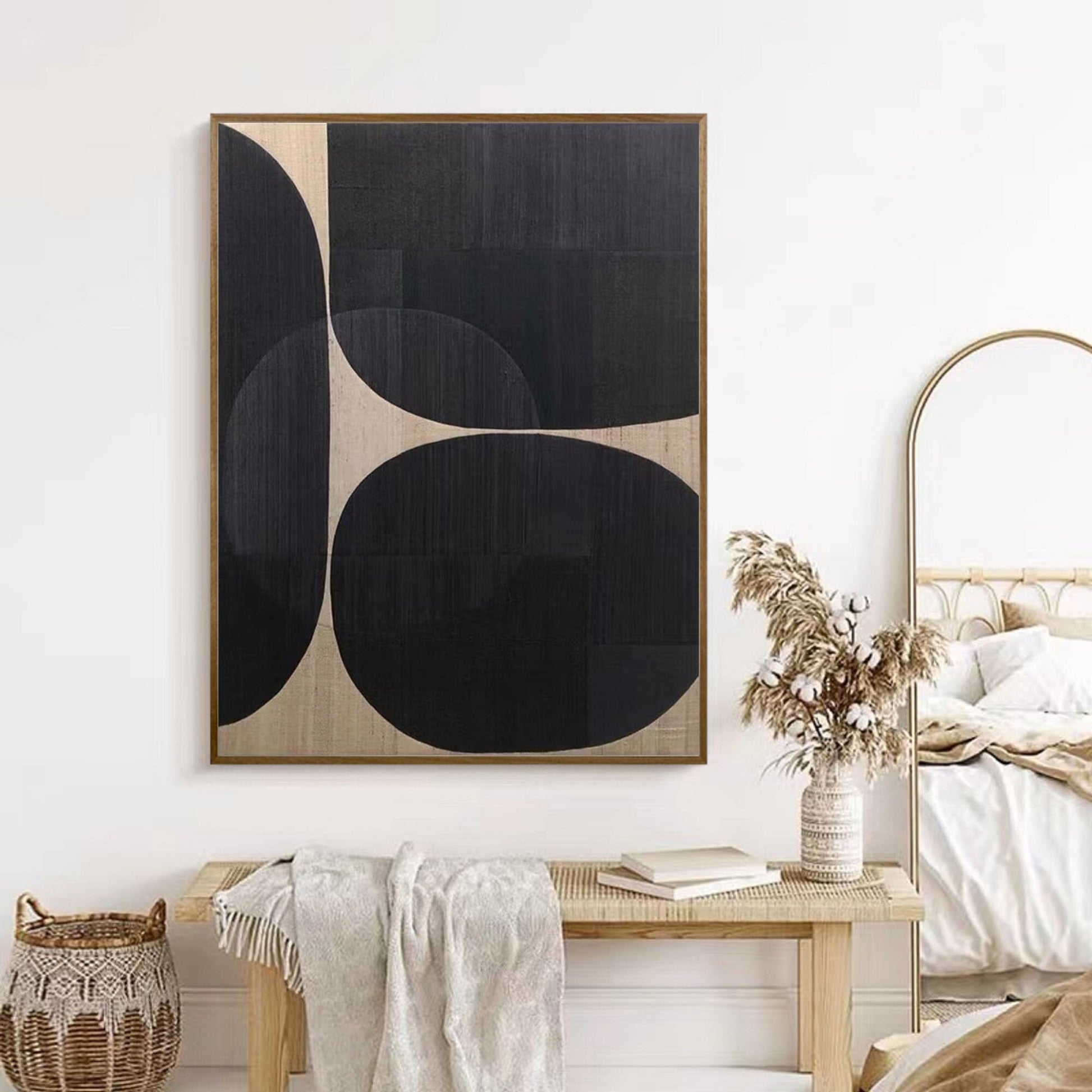 Black Abstract Painting on Canvas – Minimalist Wabi-Sabi Wall Art
