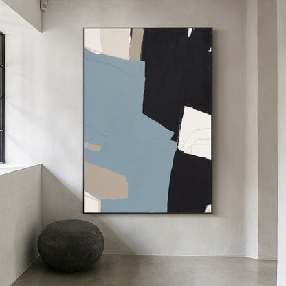 May include: Abstract art print with black, blue, and beige paint strokes on a white background. The print is framed in a black frame.