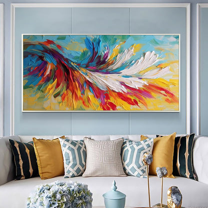 Colorful Abstract Bird Feathers Oil Painting – Large Animal Wall Art