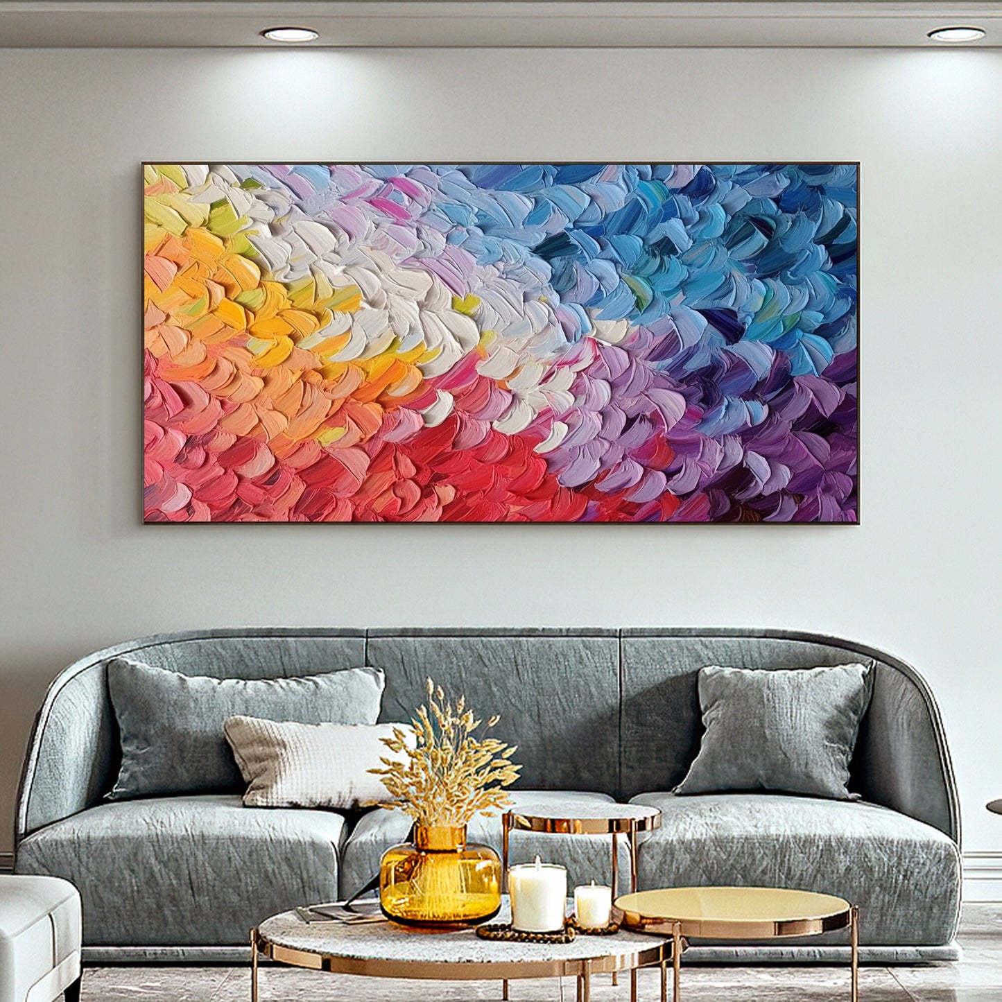 Colorful Abstract Bird Feathers Oil Painting – Large Animal Wall Art