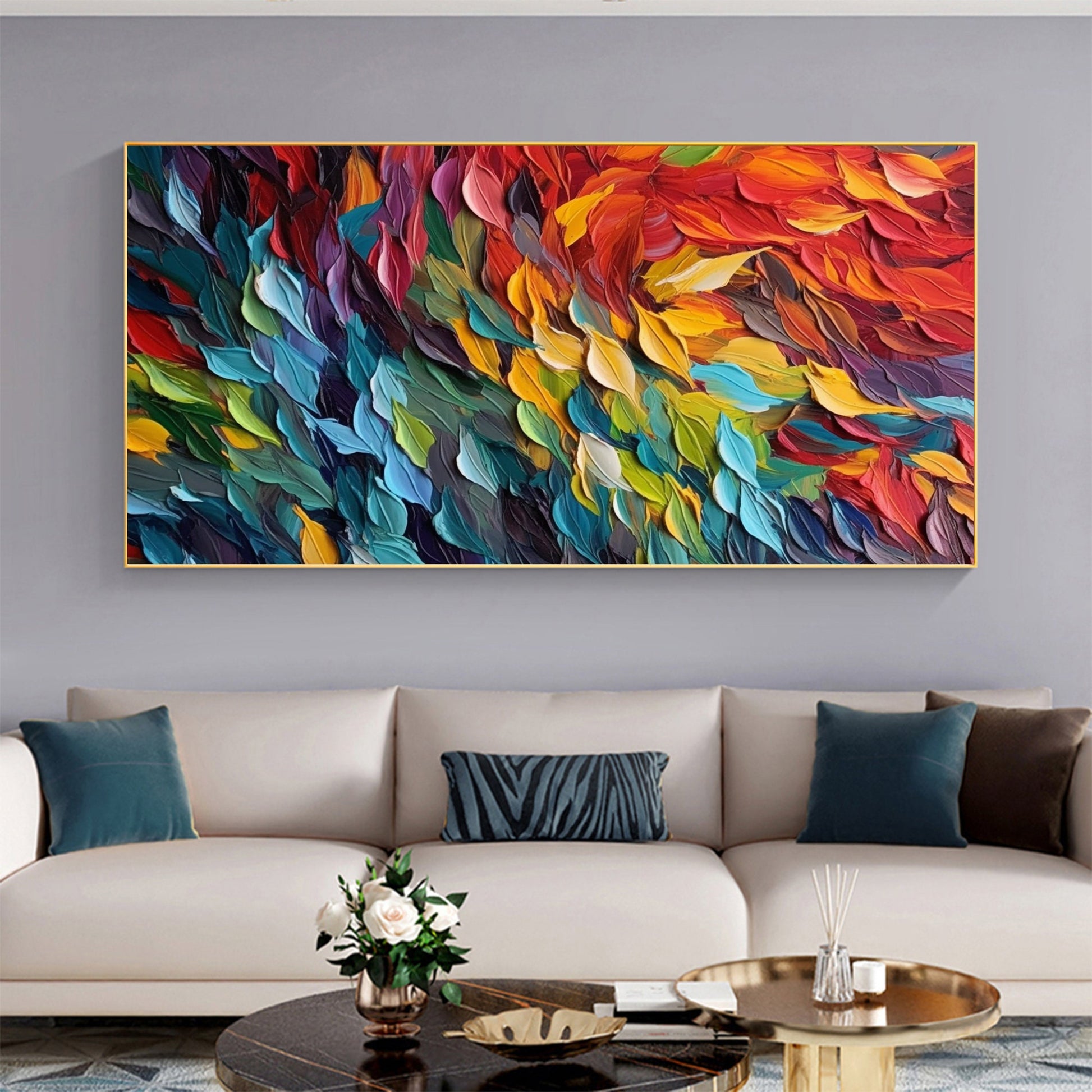 Colorful Feathers Oil Painting on Canvas, Abstract Wall Decor – Colorful Bird Animal Wall Art | Abstract Oil Painting, view 5