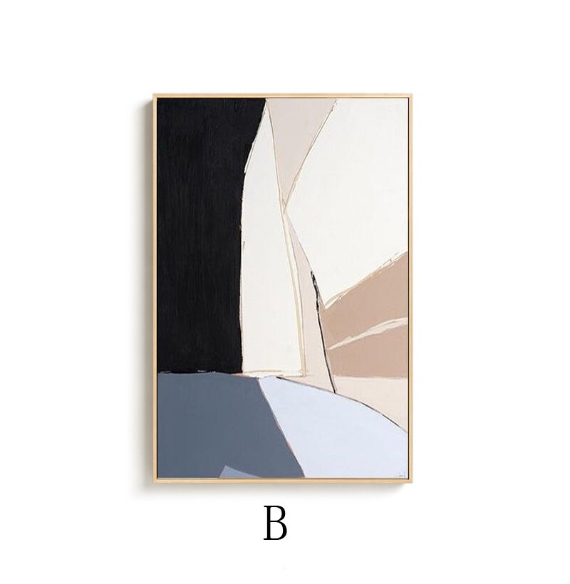 May include: Abstract art print with geometric shapes in black, white, beige, and blue colors. The print is framed in a thin gold frame.