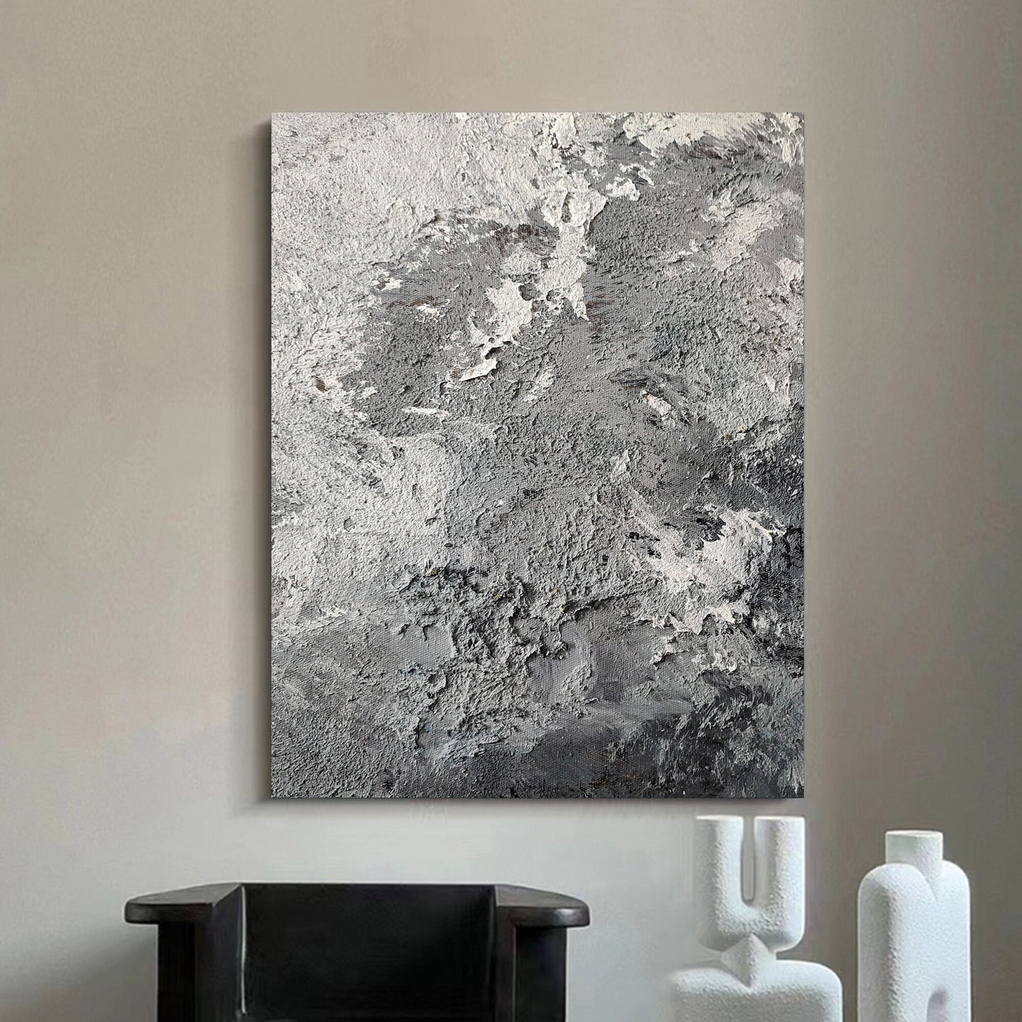 Large Grey Textured Abstract Painting – Minimalist Plaster Wall Art