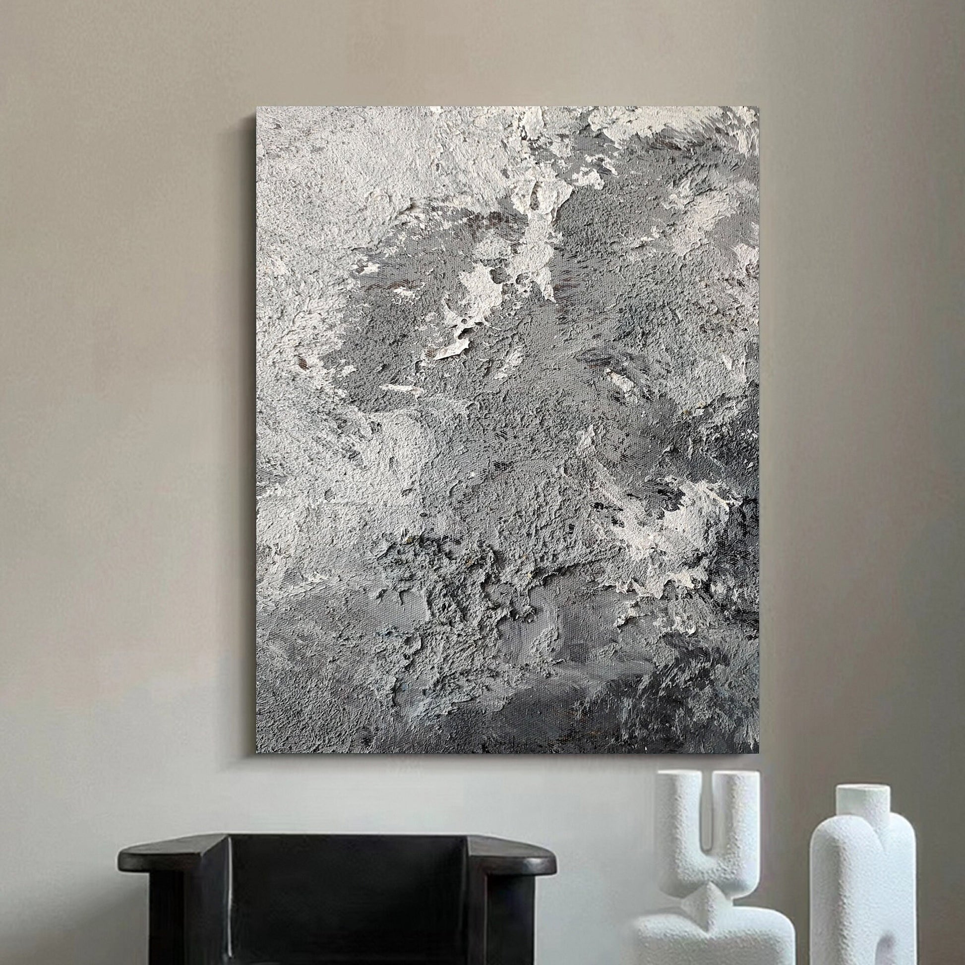 Large Grey Textured Abstract Painting – Minimalist Plaster Wall Art