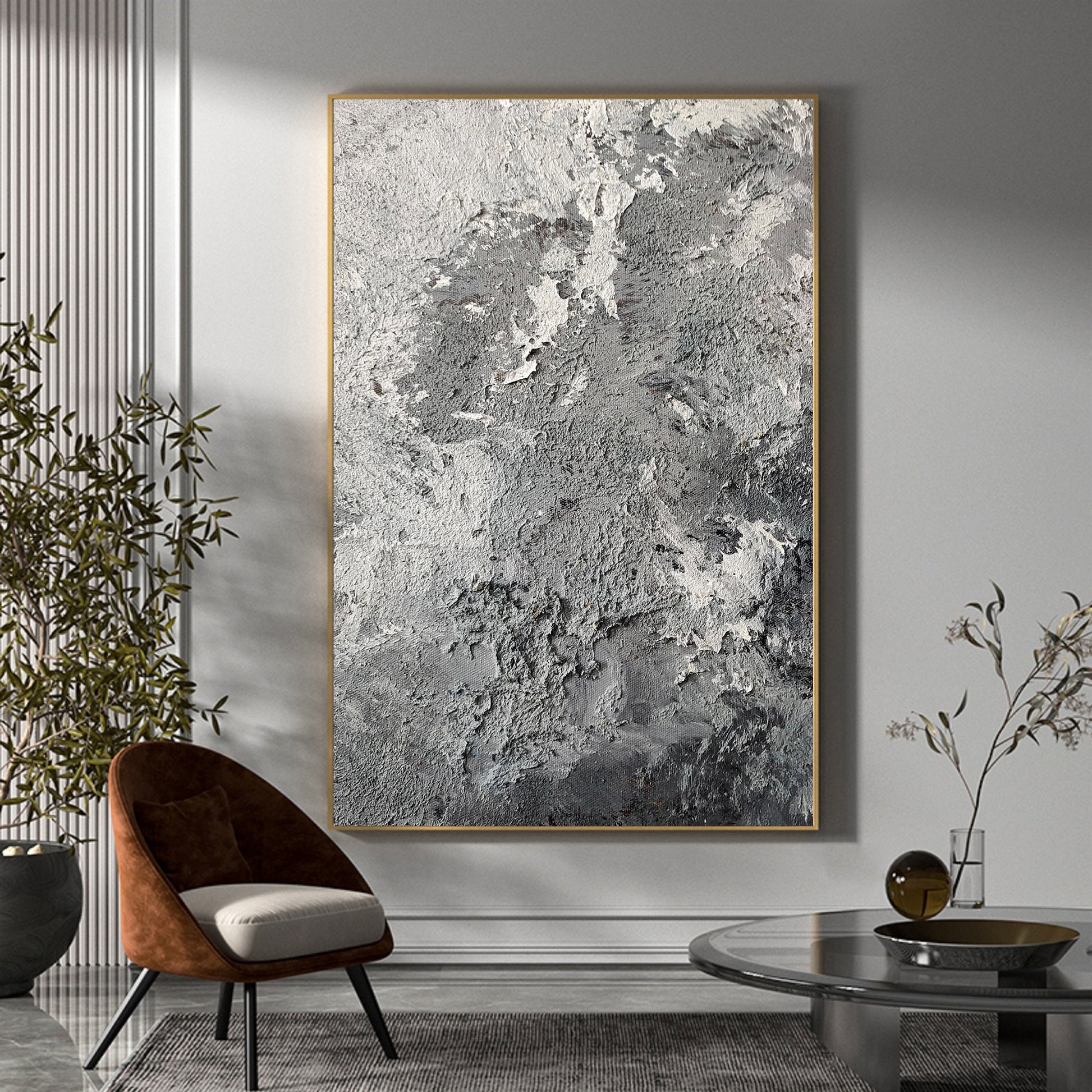 Large Grey Textured Abstract Painting – Minimalist Plaster Wall Art