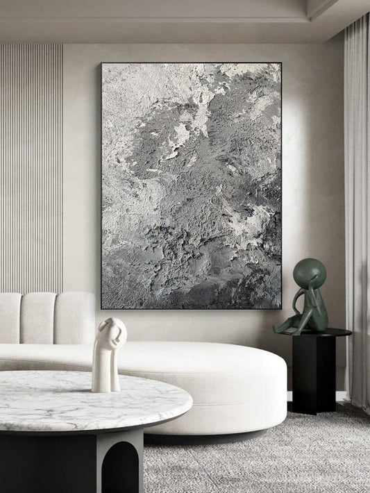 Large Grey Textured Abstract Painting – Minimalist Plaster Wall Art
