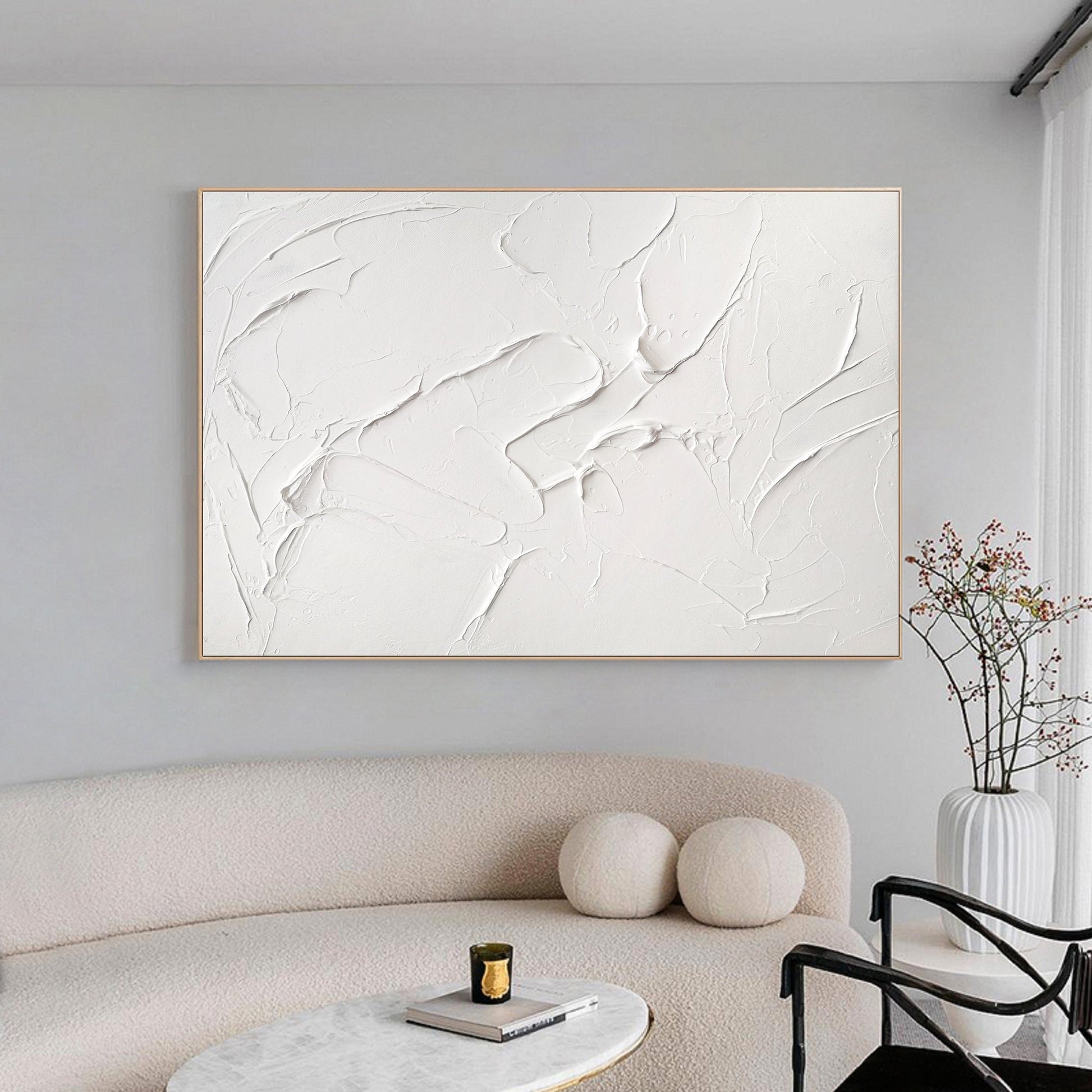 White Textured Wall Art – Minimalist Plaster Painting on Canvas – Abstract Painting