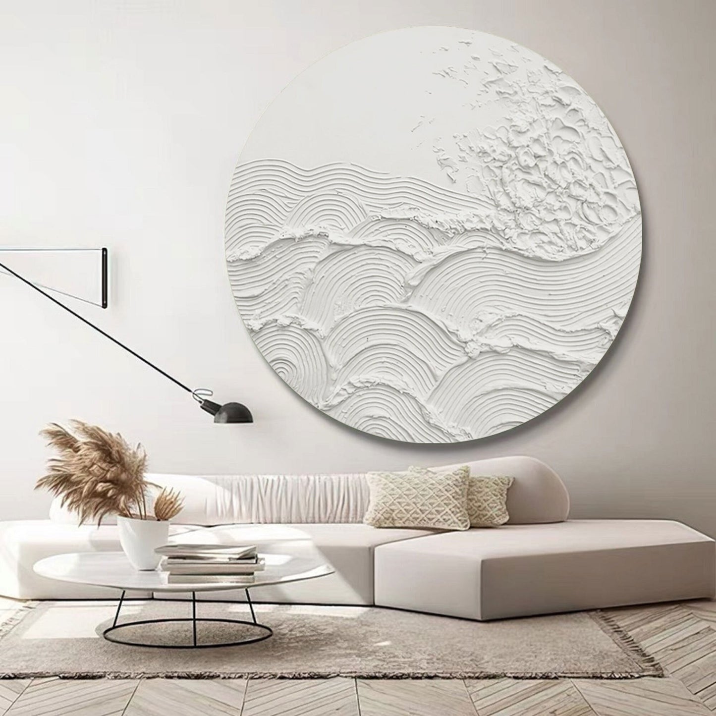White 3D Textured Circle Painting – Minimal Abstract Wall Art – Abstract Painting