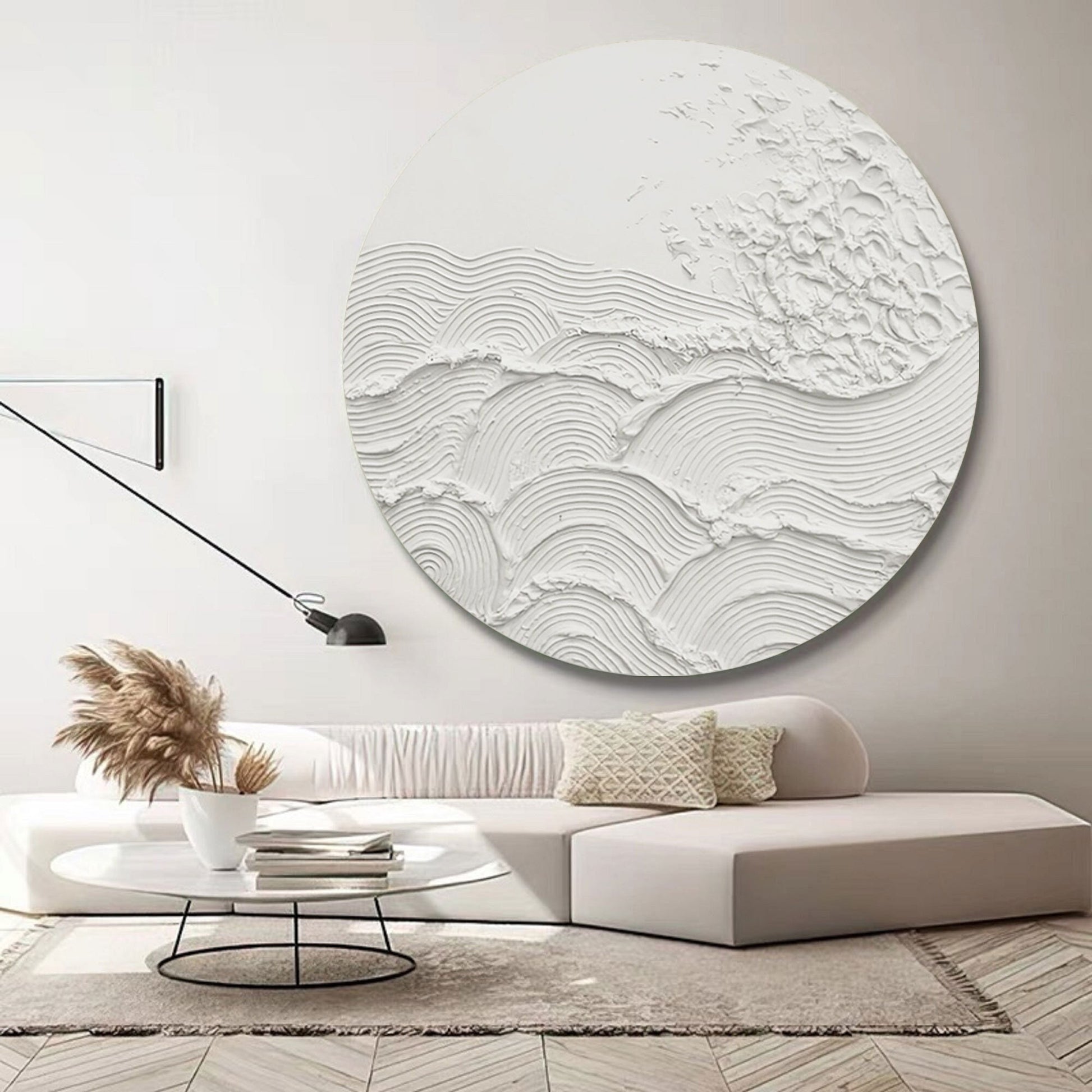 White 3D Textured Circle Painting – Minimal Abstract Wall Art – Abstract Painting