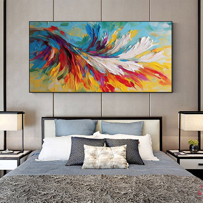 Colorful Abstract Bird Feathers Oil Painting – Large Animal Wall Art