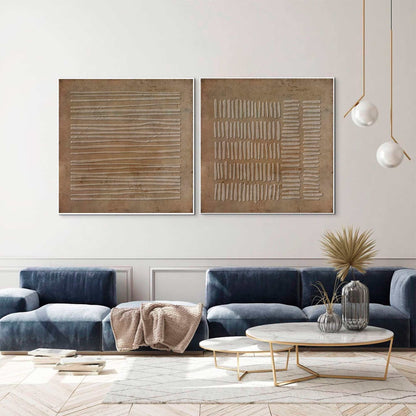 Wabi Sabi Wall Art Set of 2 Brown Plaster Canvas Painting for Living Room