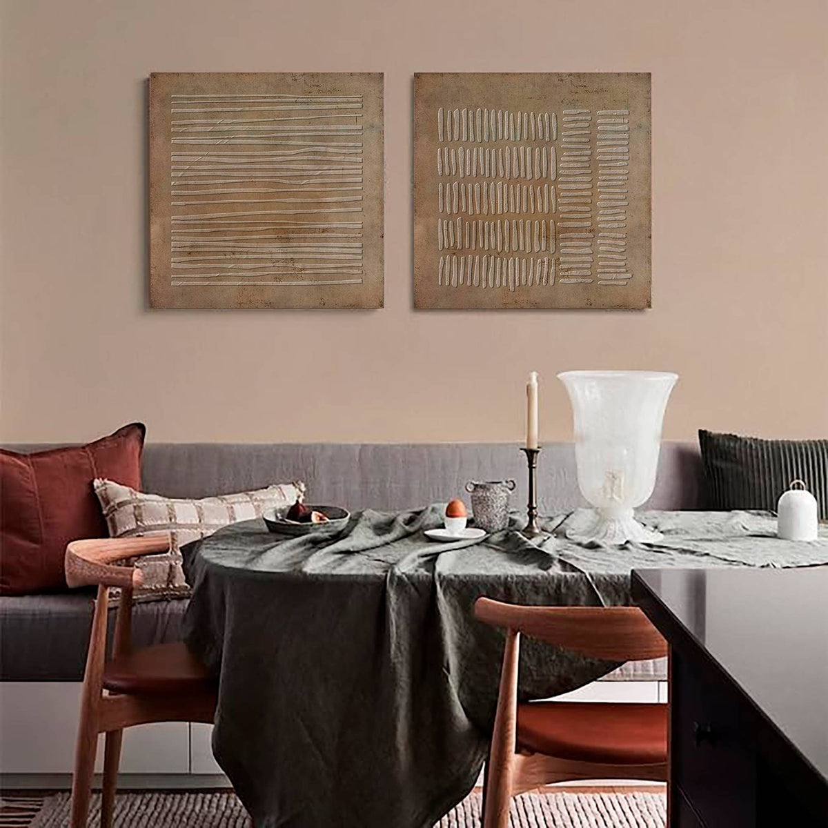 Wabi Sabi Wall Art Set of 2 Brown Plaster Canvas Painting for Living Room