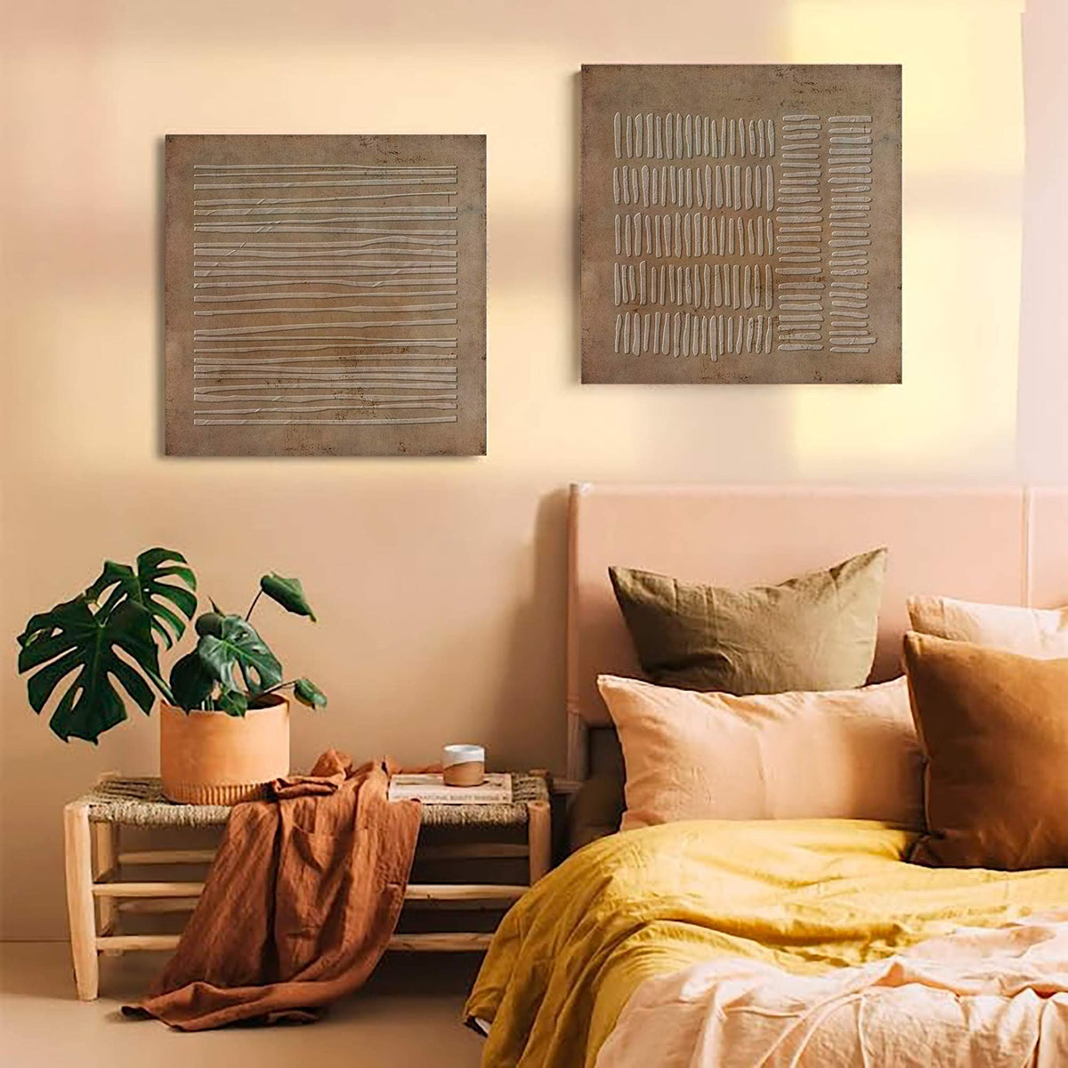 Wabi Sabi Wall Art Set of 2 Brown Plaster Canvas Painting for Living Room