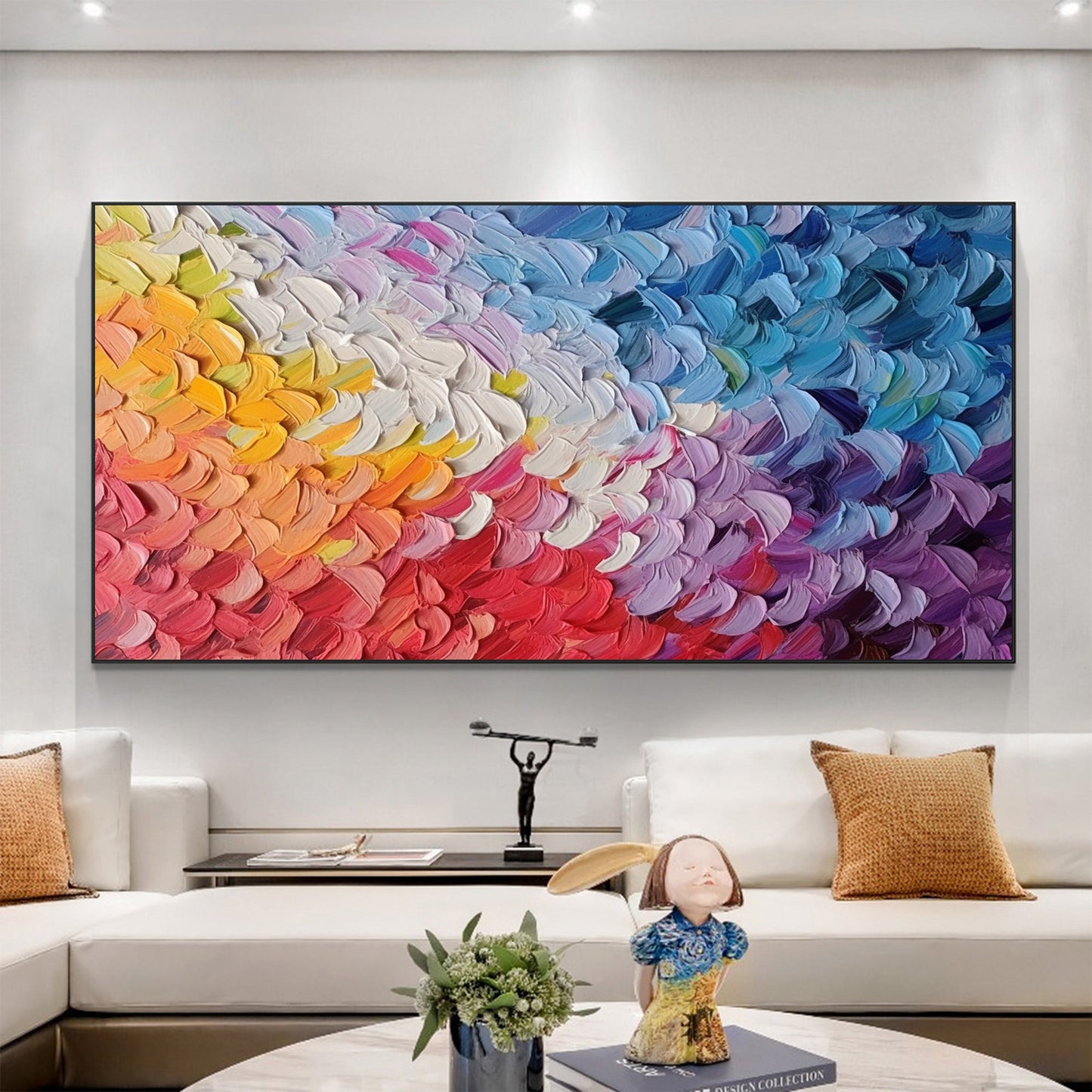 Colorful Abstract Bird Feathers Oil Painting – Large Animal Wall Art