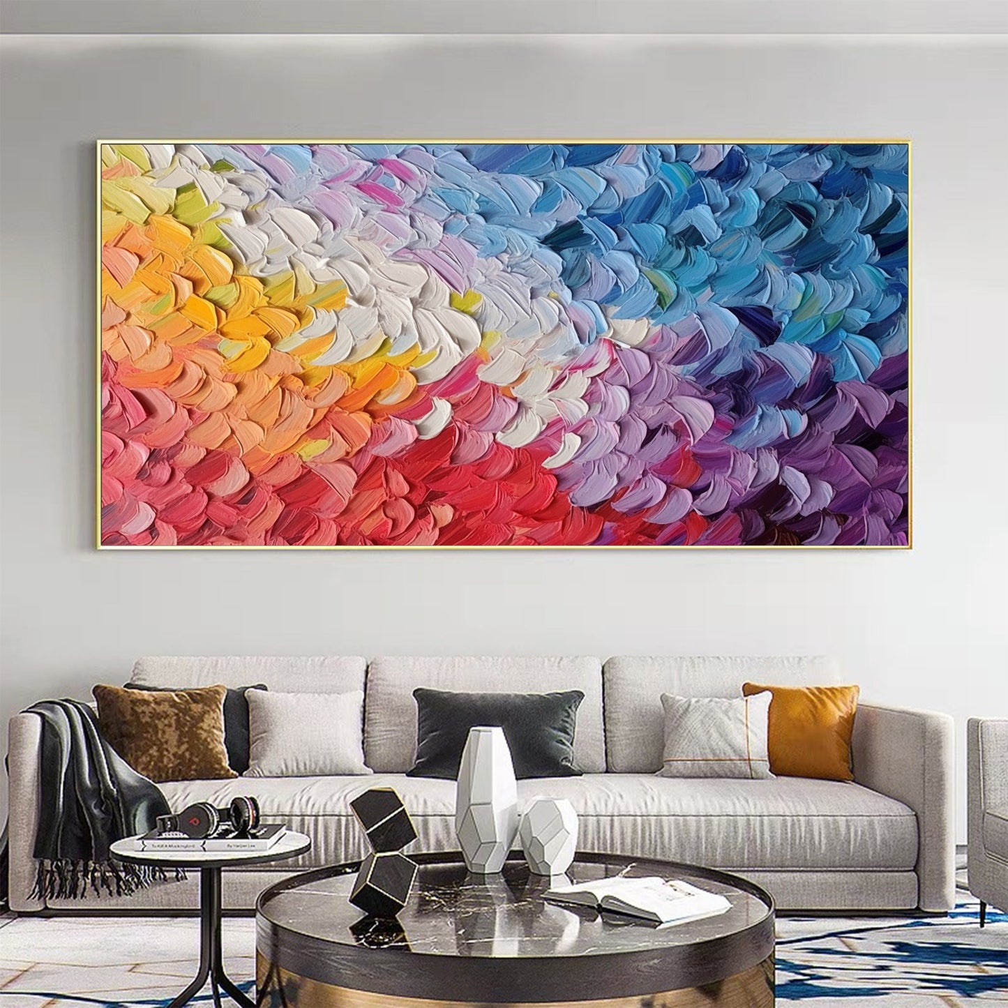 Colorful Abstract Bird Feathers Oil Painting – Large Animal Wall Art