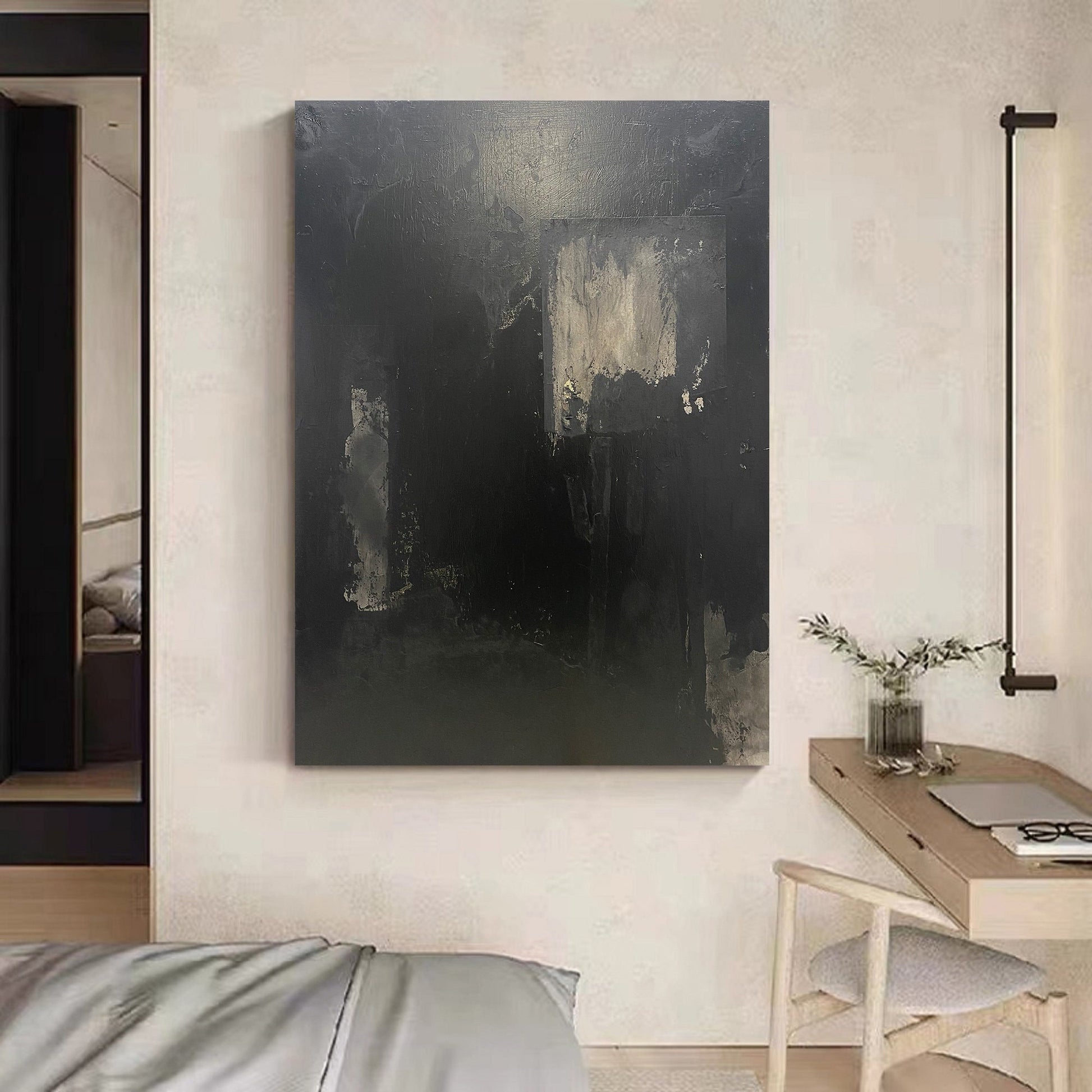Large Black Abstract Painting – Textured Wabi-Sabi Wall Art