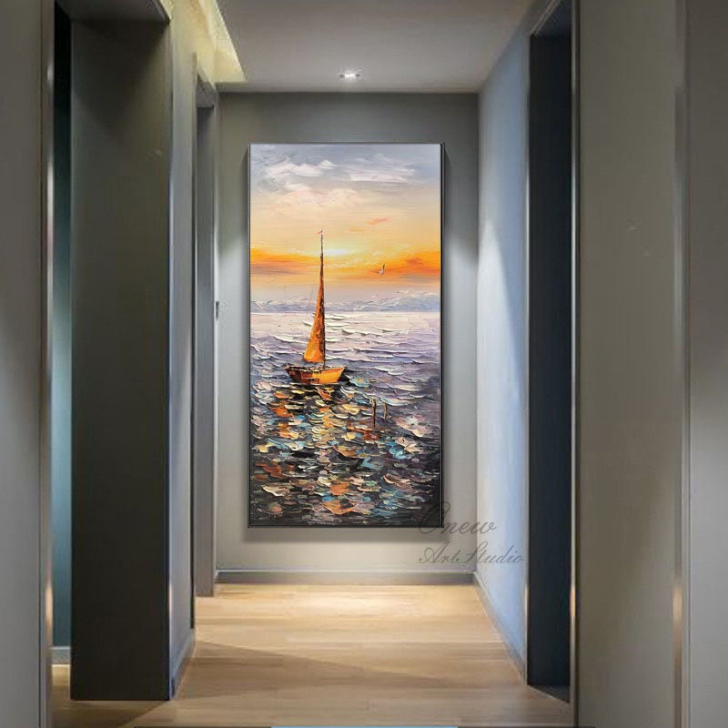 Large Abstract Sailboat Oil Painting on Canvas, Original Hand-painted Seascape Canvas Art, Modern Nautical Wall Art for Living Room Bedroom