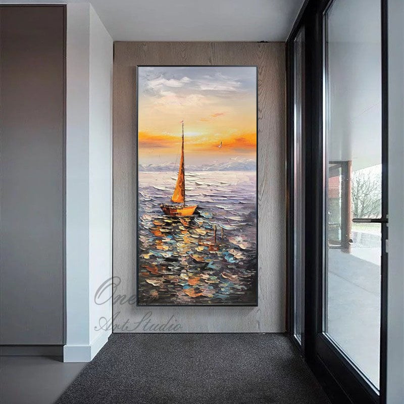 Large Abstract Sailboat Oil Painting on Canvas, Original Hand-painted Seascape Canvas Art, Modern Nautical Wall Art for Living Room Bedroom