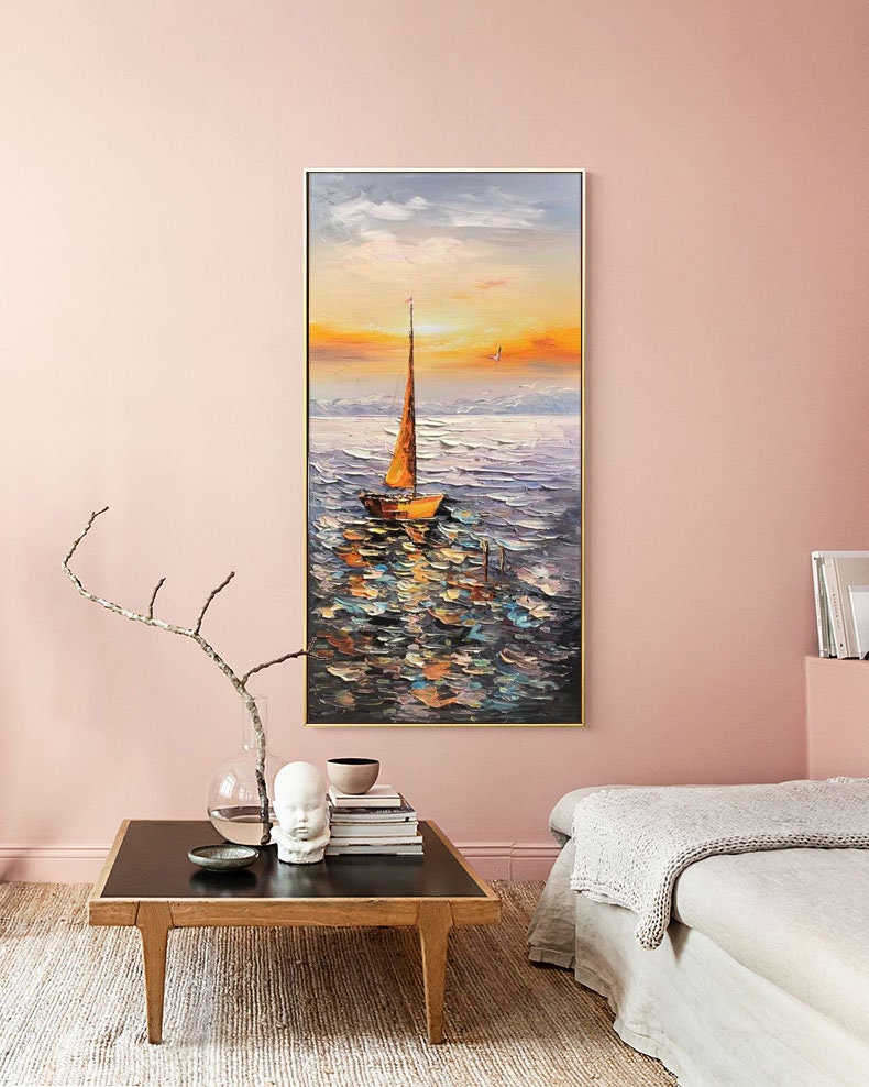 Large Abstract Sailboat Oil Painting on Canvas, Original Hand-painted Seascape Canvas Art, Modern Nautical Wall Art for Living Room Bedroom