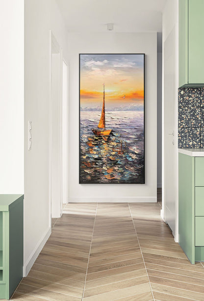 Large Abstract Sailboat Oil Painting on Canvas, Original Hand-painted Seascape Canvas Art, Modern Nautical Wall Art for Living Room Bedroom