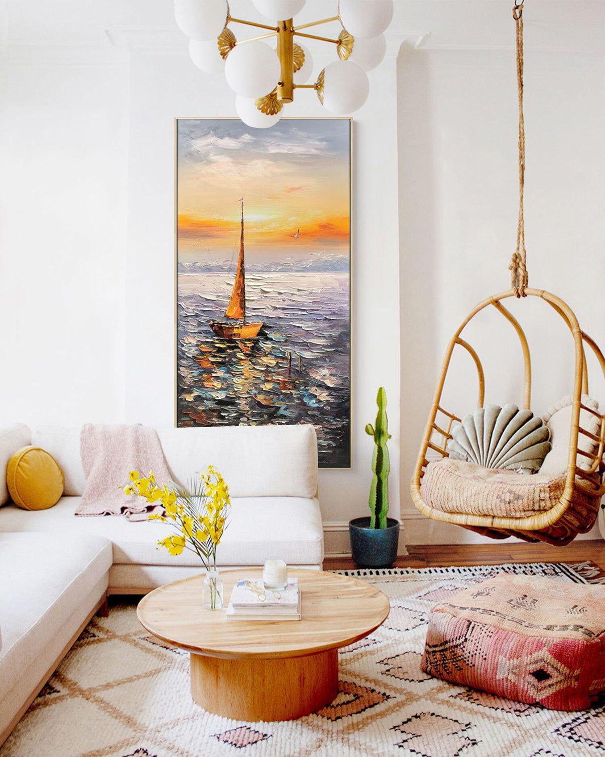 Large Abstract Sailboat Oil Painting on Canvas, Original Hand-painted Seascape Canvas Art, Modern Nautical Wall Art for Living Room Bedroom