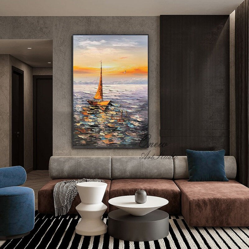 Abstract Seascape Oil Painting on Canvas, Original Sailboat and Sunrise Canvas Wall Art, Ocean Art, Modern Nautical Wall Art for Living Room