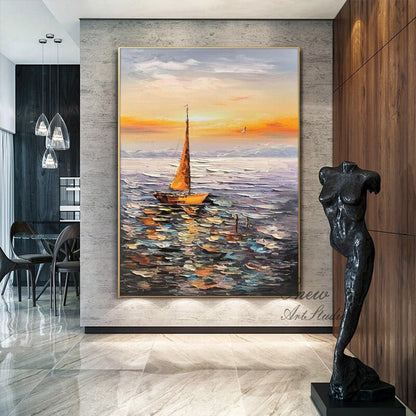 Abstract Seascape Oil Painting on Canvas, Original Sailboat and Sunrise Canvas Wall Art, Ocean Art, Modern Nautical Wall Art for Living Room