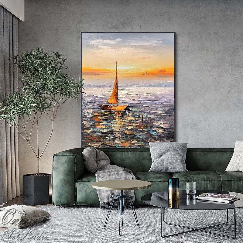 Abstract Seascape Oil Painting on Canvas, Original Sailboat and Sunrise Canvas Wall Art, Ocean Art, Modern Nautical Wall Art for Living Room