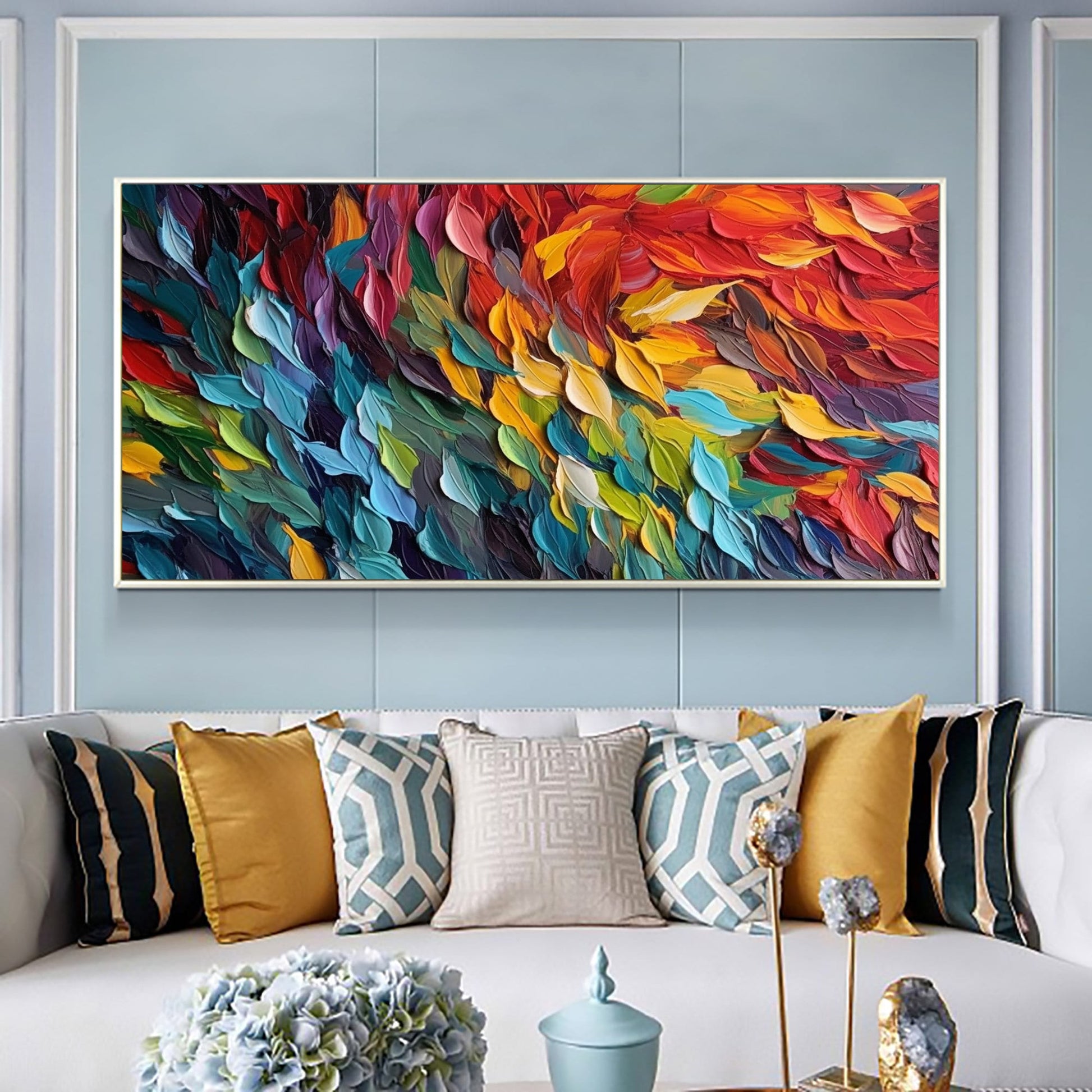 Colorful Feathers Oil Painting on Canvas, Abstract Wall Decor – Colorful Bird Animal Wall Art | Abstract Oil Painting, view 4