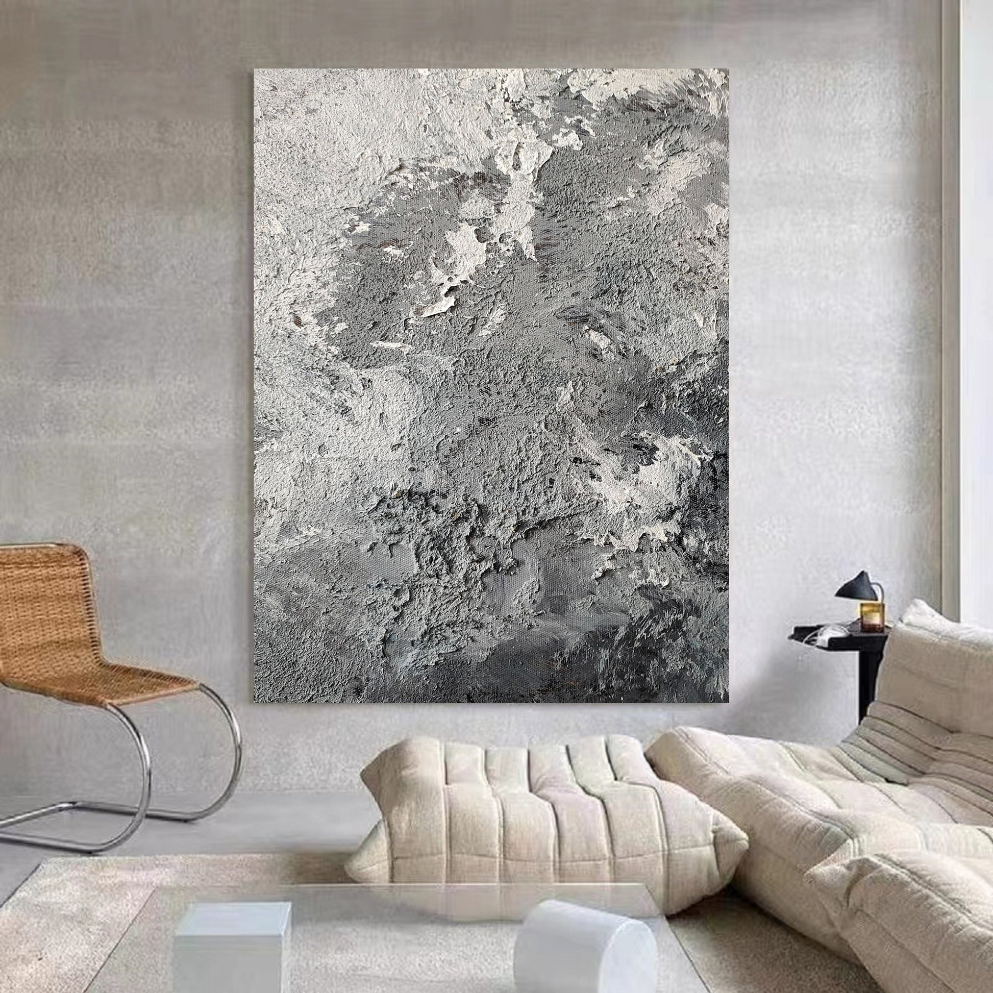 Large Grey Textured Abstract Painting – Minimalist Plaster Wall Art